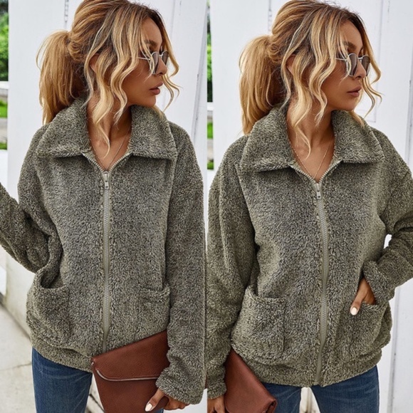 olive Softest teddy vegan fur zipper coat - Picture 2 of 2